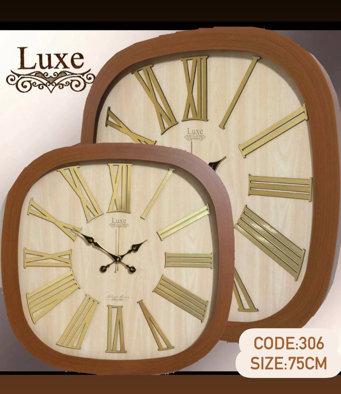 ساعت دیواری لوکس مدل 306 سایز 75×75 بدنه چوبی با اعداد رومی