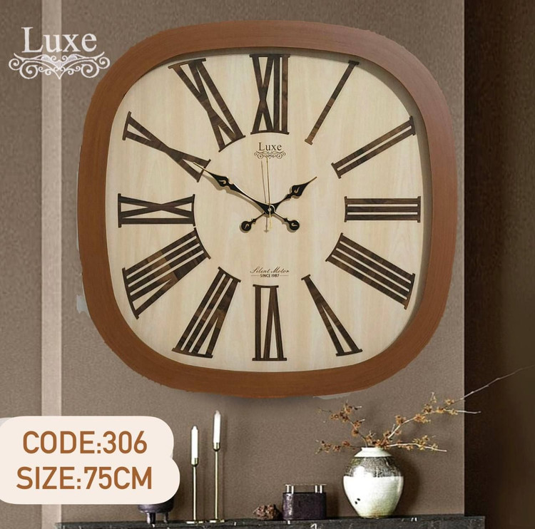 ساعت دیواری لوکس مدل 306 سایز 75×75 بدنه چوبی با اعداد رومی